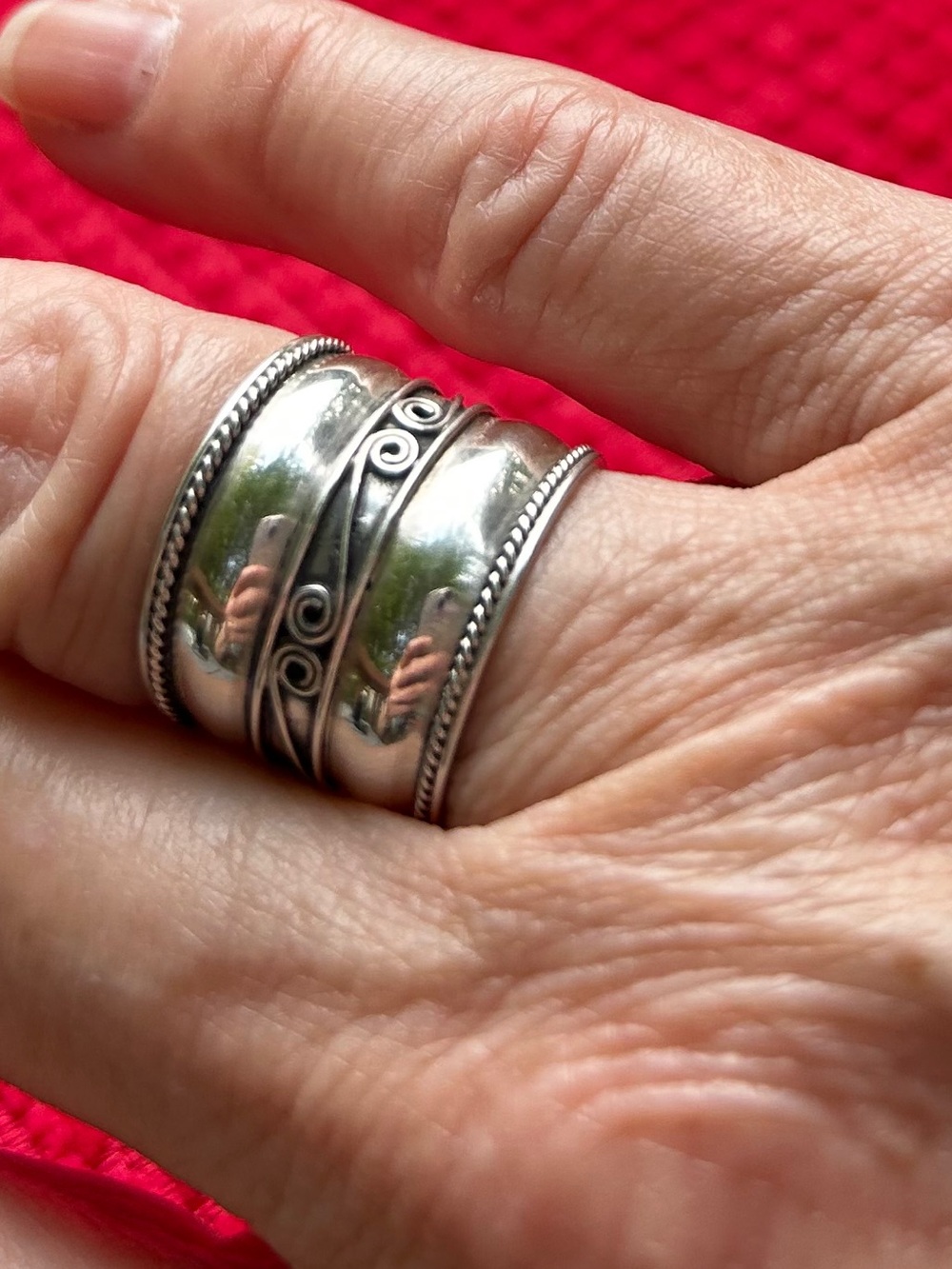 Sterling Silver Swirl Wide Band Ring - Size 8 to 8 1/2